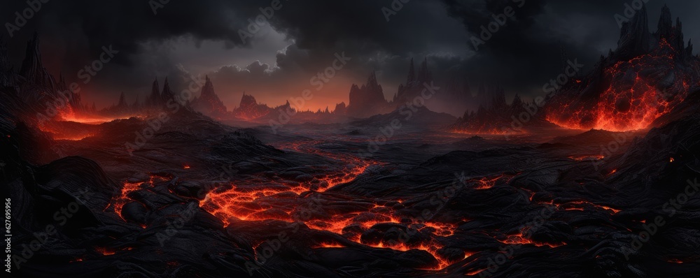 Active vulcano outbreak lava in big shaped mountains, fog all around, close upon lava, panorama. Active vulcano outbreak lava in big shaped mountains, fog all around, close upon lava, panorama.