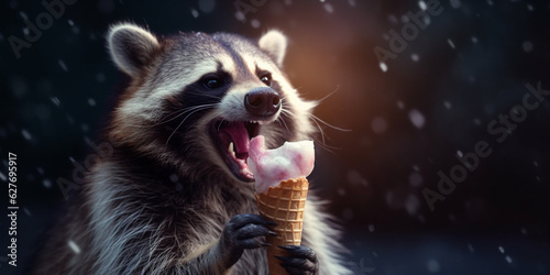Joyful Raccoon Delighted by Ice Cream Cone in Waffle - AI generated © artefacti
