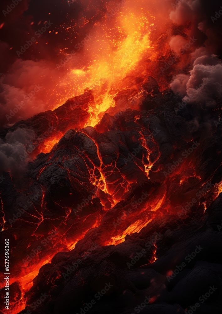 Active vulcano outbreak lava in big shaped mountains, fog all around, close up on lava. Active vulcano outbreak lava in big shaped mountains, fog all around, close up on lava.
