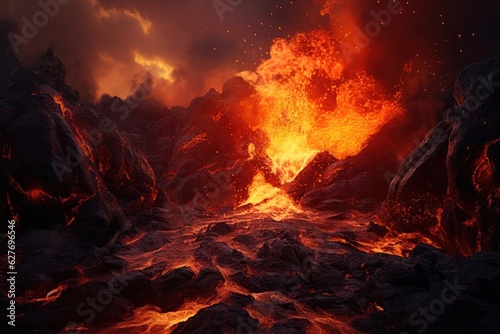 Active vulcano outbreak lava in big shaped mountains  fog all around  close up on lava.