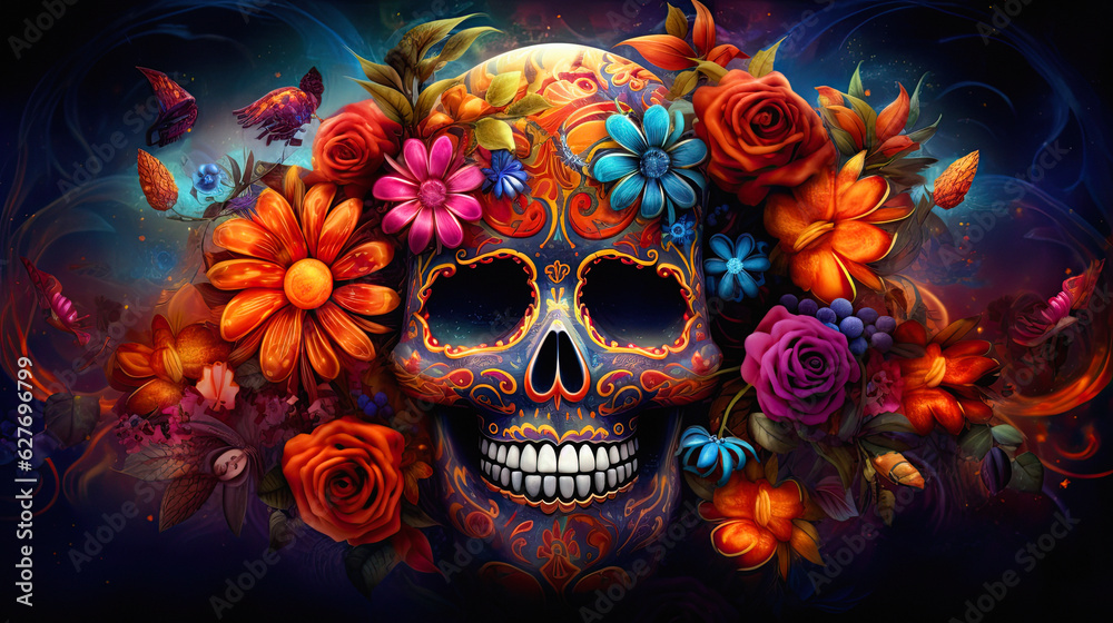 Sugar Skulls, The Dia De Los Muertos-inspired sugar skull, adorned with vibrant flowers and decorative elements, ai generative