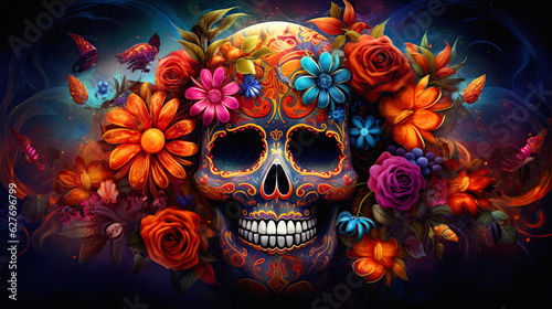 Sugar Skulls, The Dia De Los Muertos-inspired sugar skull, adorned with vibrant flowers and decorative elements, ai generative