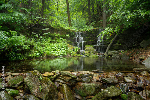 The Podgórze Waterfall, Jedlickie Cascades, relaxing, tranquil view of the forest and woodland stream, forest relaxation, woodland waterfall, near Karpacz, Poland