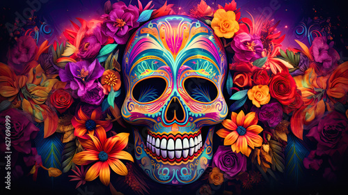 Sugar Skulls, The Dia De Los Muertos-inspired sugar skull, adorned with vibrant flowers and decorative elements, ai generative © ZoomTeam