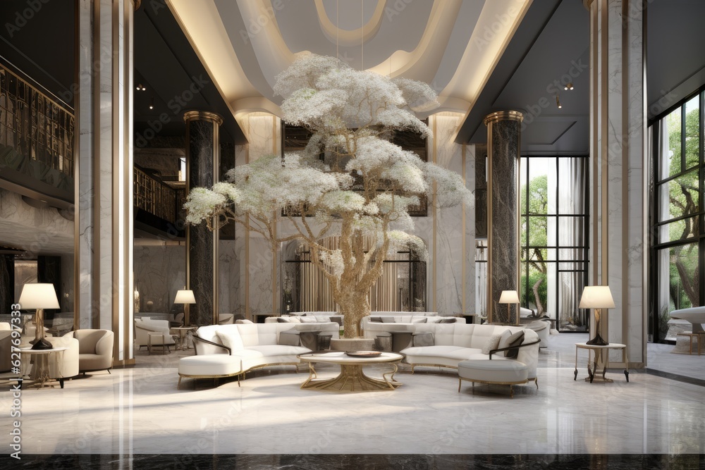 3d rendering of modern luxury hotel lobby interior design with marble ...