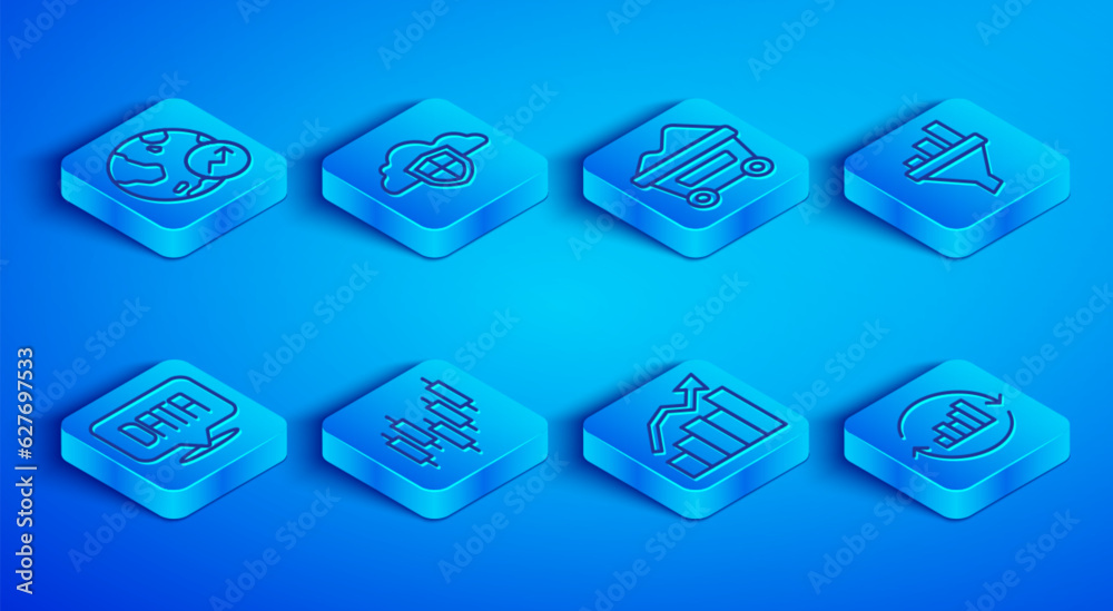Fototapeta premium Set line Financial growth, Cloud and shield, Coal mine trolley, Browser with stocks market, Sales funnel chart, Data analysis and Pie infographic icon. Vector