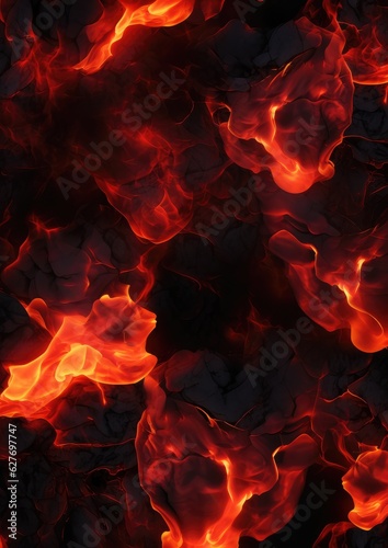 Close up structure of burning coal in fire. Active vulcano .