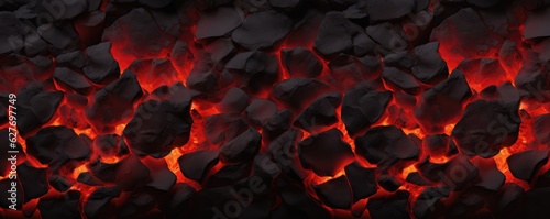 Close up structure of burning coal in fire. Active vulcano panorama. photo