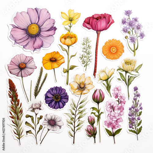 Botanical Set of Flowers and herbs. Bundle of abstract wildflowers. Spring sticker for diary or printing on fabric. © Татьяна Креминская