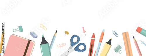 Back to school border banner. Vector table top view with school stationery. Isolated on white background