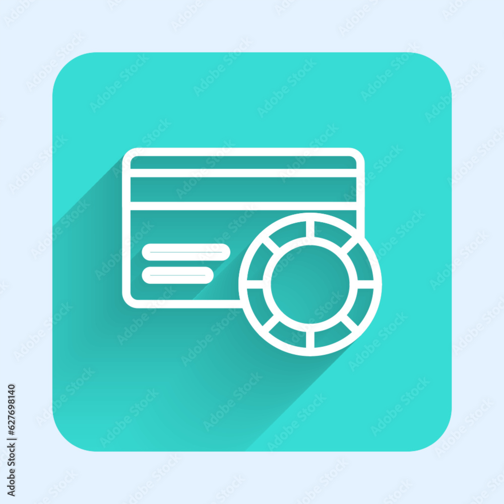 White line Credit card icon isolated with long shadow. Online payment. Cash withdrawal. Financial operations. Shopping sign. Green square button. Vector White line Credit card icon isolated with long shadow. Online payment. Cash withdrawal. Financial operations. Shopping sign. Green square button. Vector