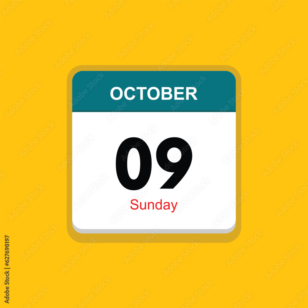 sunday 09 october icon with yellow background, calender icon