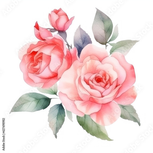 A tender watercolor bouquet of pink roses on a white background, ai generative