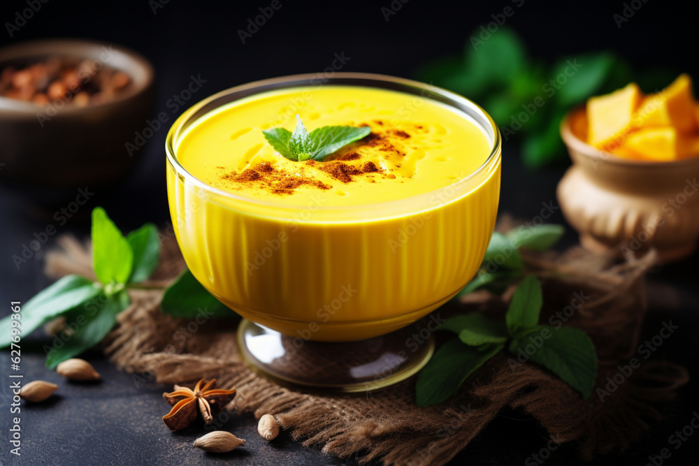 Turmeric milk dessert made of animal or plant milk, turmeric, cinnamon, ginger and sweetener. Golden milk, antioxidant immune boosting drink. Moon milk with turmeric and spices. Trendy ayurvedic drink