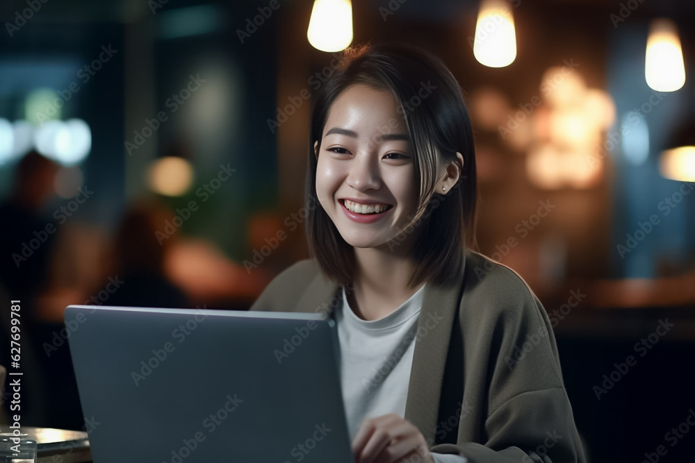 Asian office working girl with a radiant smile sits in front of her laptop computer, immersed in work, against a soothing blue turquoise background. generative AI. Asian office working girl with a radiant smile sits in front of her laptop computer, immersed in work, against a soothing blue turquoise background. generative AI.