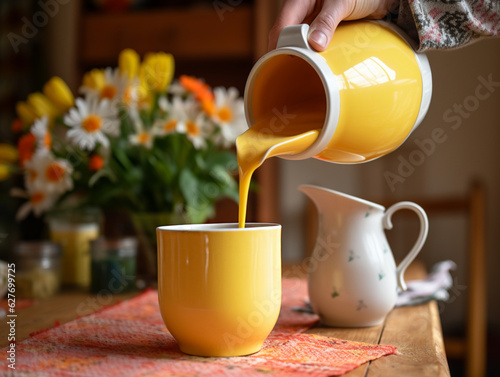 Golden milk made of animal or plant milk, turmeric, cinnamon, ginger and sweetener or honey. Turmeric milk being poored into ceramic mug. Trendy Indian ayurvedic antioxidant drink, alternative remedy photo