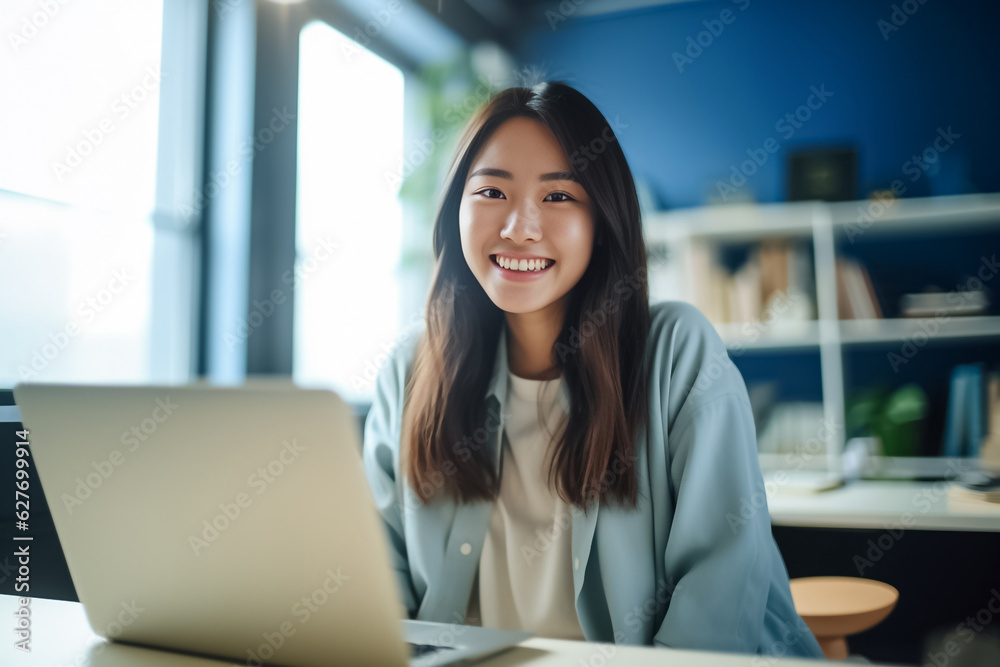 Asian office working girl with a radiant smile sits in front of her laptop computer, immersed in work, against a soothing blue turquoise background. generative AI. Asian office working girl with a radiant smile sits in front of her laptop computer, immersed in work, against a soothing blue turquoise background. generative AI.
