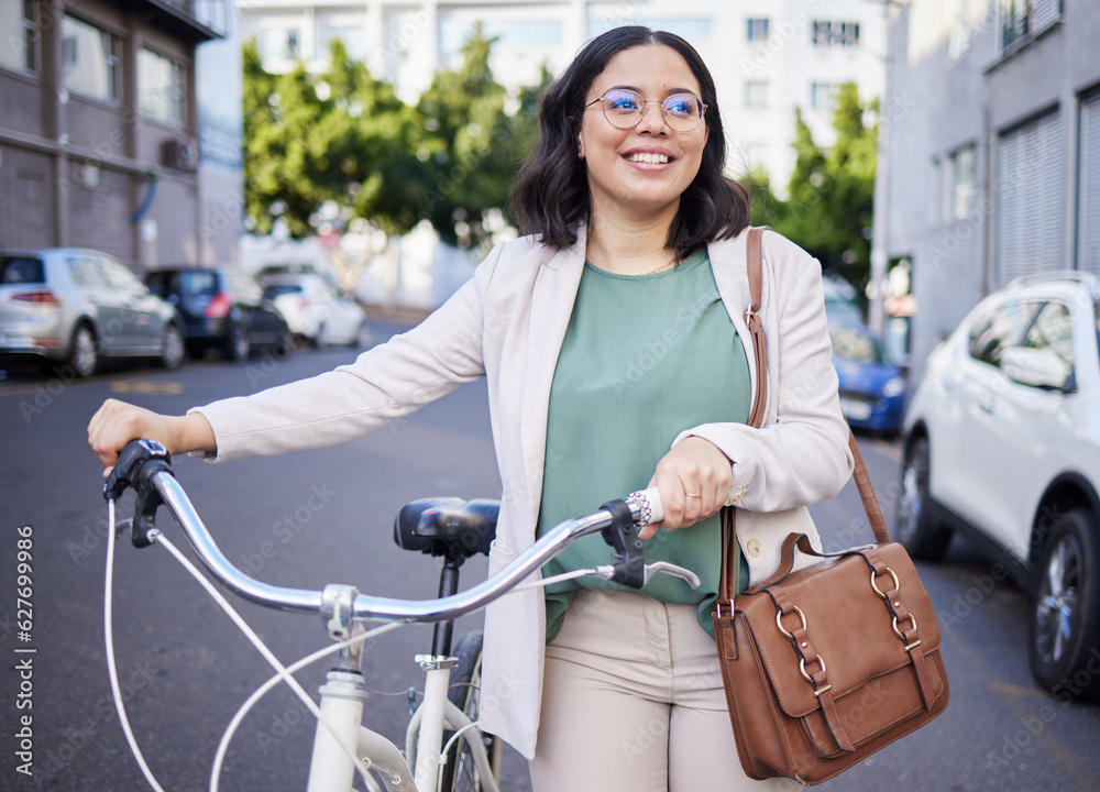 Obraz premium Business woman, bike and thinking in street, city and sustainable travel with smile, ideas and accountability. Young entrepreneur, employee and cycling for ecology, climate change or transport in cbd
