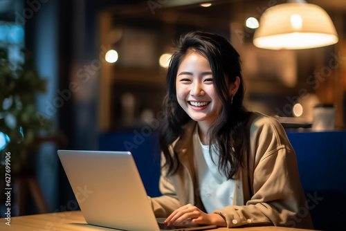 Asian office working girl with a radiant smile sits in front of her laptop computer, immersed in work, against a soothing blue turquoise background. generative AI.