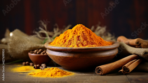 Dried turmeric powder on dark background. Curcuma powder in a wooden bowl with turmeric roots, cinnamon and spices. Popular Indian curry spice also used in medicine or as a natural dye. AI photo