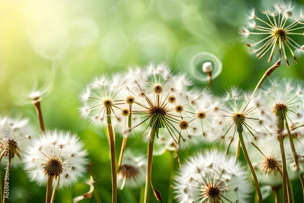 Obraz premium Delight in the sight of white fluffy dandelions swaying gently in the breeze, set against a natural green blurred spring generative ai technology 