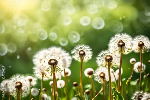 Delight in the sight of white fluffy dandelions swaying gently in the breeze, set against a natural green blurred spring generative ai technology 