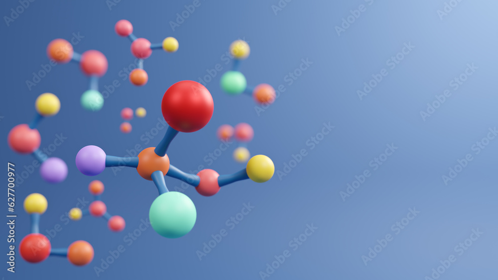 Atom or molecule structure, Scientific research in molecular chemistry. Science background molecule and atom model, inorganic compound. Biotechnology, chemistry, physics, biology, 3d rendering Atom or molecule structure, Scientific research in molecular chemistry. Science background molecule and atom model, inorganic compound. Biotechnology, chemistry, physics, biology, 3d rendering