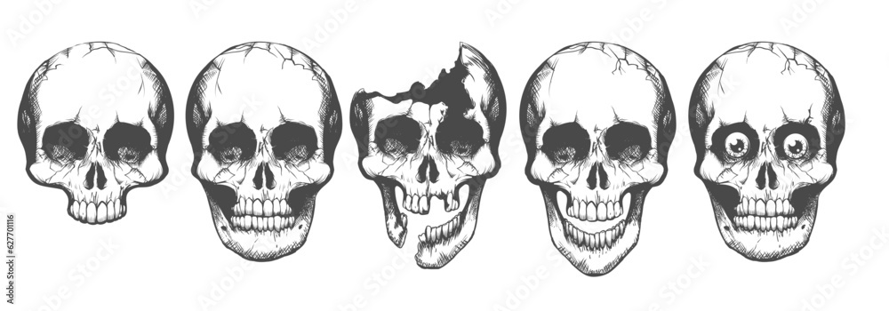 Human Skull Monochrome Tattoo Element Set