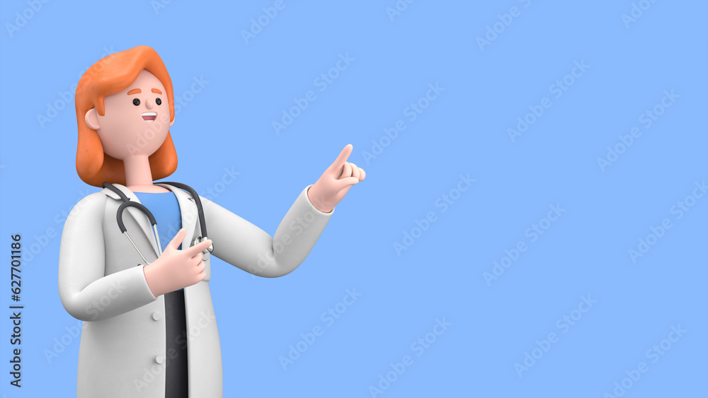 3D illustration of Female Doctor Nova  showing you way, pointing his finger to empty copy space for advertising. Minimal style. 3D rendering on blue background.
