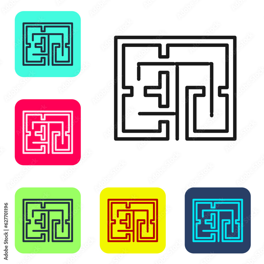 Black line Evacuation plan icon isolated on white background. Fire escape plan. Set icons in color square buttons. Vector Black line Evacuation plan icon isolated on white background. Fire escape plan. Set icons in color square buttons. Vector
