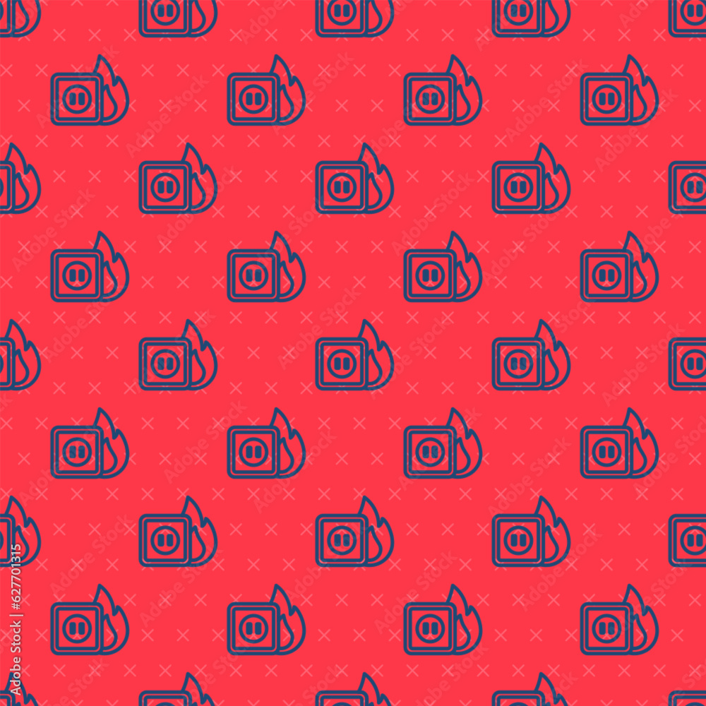 Naklejka premium Blue line Electric wiring of socket in fire icon isolated seamless pattern on red background. Electrical safety concept. Plug outlet on fire. Vector