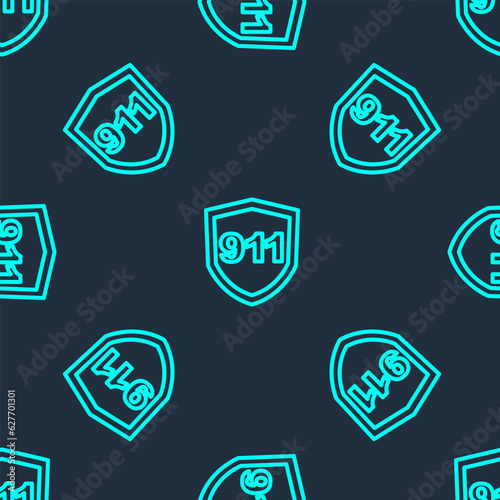 Green line Telephone with emergency call 911 icon isolated seamless pattern on blue background. Police, ambulance, fire department, call, phone. Vector