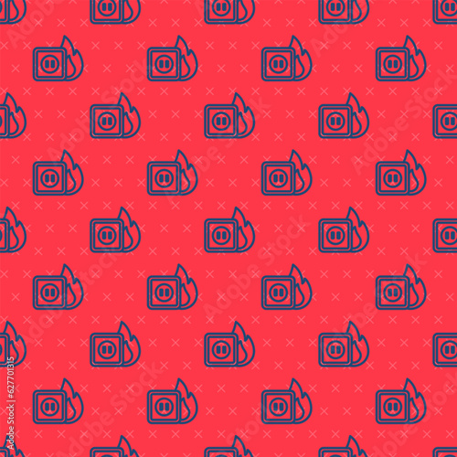 Blue line Electric wiring of socket in fire icon isolated seamless pattern on red background. Electrical safety concept. Plug outlet on fire. Vector