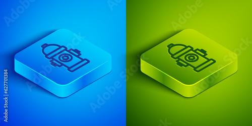 Isometric line Fire hydrant icon isolated on blue and green background. Square button. Vector