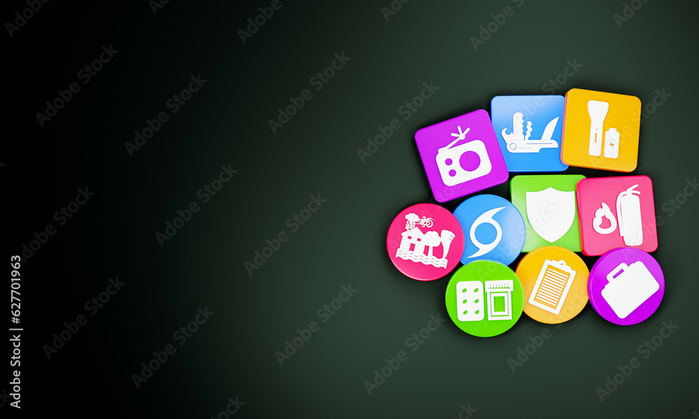 Hurricane preparedness icons on colorful planks. 3D Rendering Hurricane preparedness icons on colorful planks. 3D Rendering