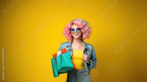 young woman wearing colorful cloth in modern style holding colorful shopping bags and cell phone with big smile, posing as supermodel, Generative AI