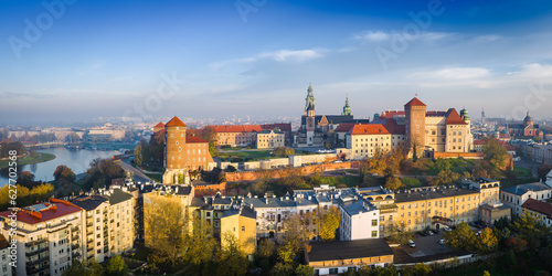 Wawel Castle in Cracow at sunrise aerial panorama.