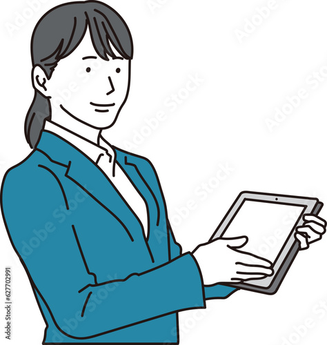 タブレットで案内をするスーツを着た女性
