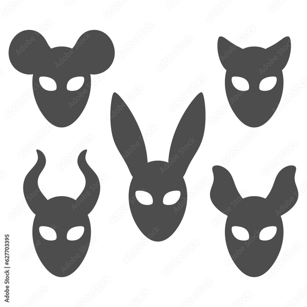Set of carnival masks with rabbit, cat, mouse, horns ears. Isolated vector objects on white background.
