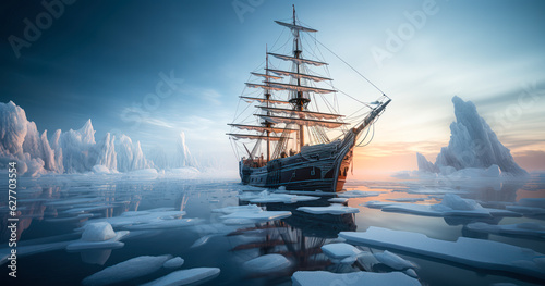 Nautical Adventure: Wooden Ship Trapped in Ice