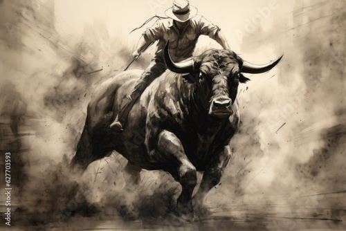 Cowboy riding and taming the wild bull, charcoal drawing on paper.