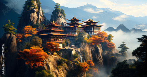 Scenic Buddhist Temple in Asia s Peaks