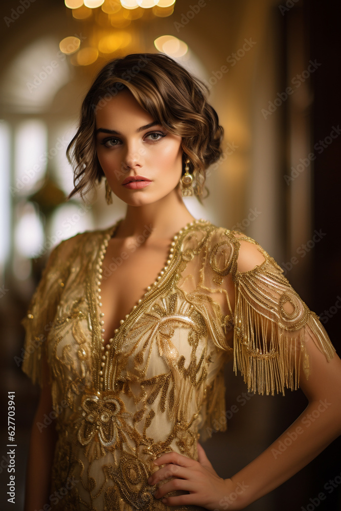 portrait of woman in a luxurious dress decorated with gold great art deco fashion style made with Generative AI