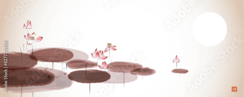 Calm pond with pink lotus flowers in vintage style. Traditional oriental ink painting sumi-e, u-sin, go-hua. Translation of hieroglyph - zen