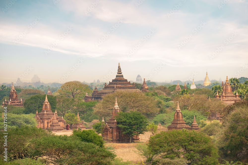 Stunning view of the beautiful Bagan ancient city (formerly Pagan). The Bagan Archaeological Zone is a main attraction in Myanmar and over 2,200 temples and pagodas still survive today.