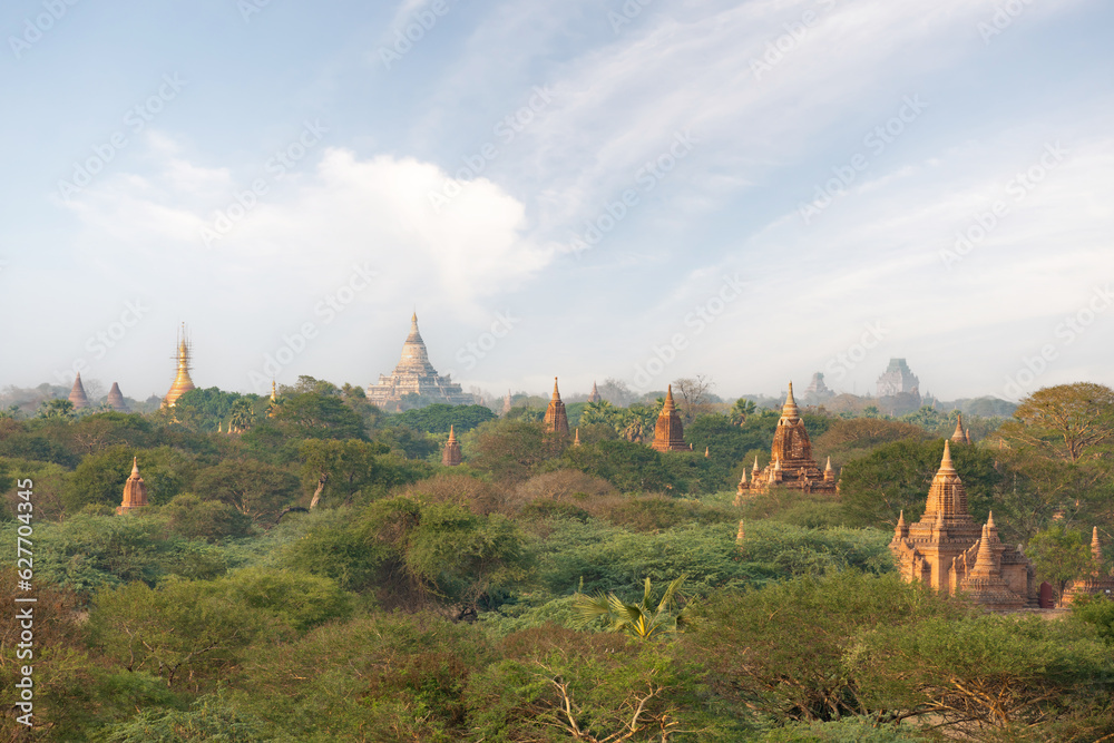Stunning view of the beautiful Bagan ancient city (formerly Pagan). The Bagan Archaeological Zone is a main attraction in Myanmar and over 2,200 temples and pagodas still survive today.
