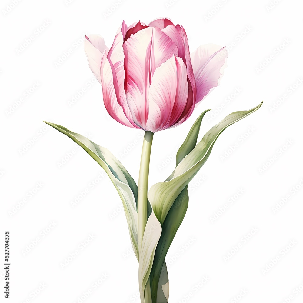 Fototapeta premium a pink tulip with green leaves in painting style