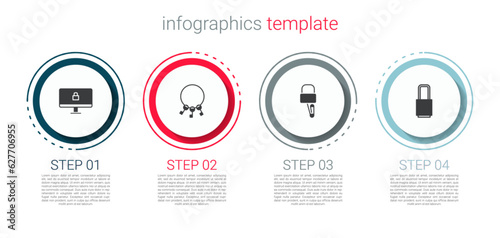 Set Lock on computer monitor, Bunch of keys, picks for lock picking and . Business infographic template. Vector