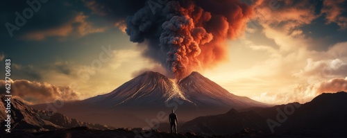Silhouette of human standing in front of active vulcano with smoke, nature panorama.