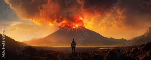 Wallpaper Mural Silhouette of human standing in front of active vulcano with smoke, nature panorama. Torontodigital.ca